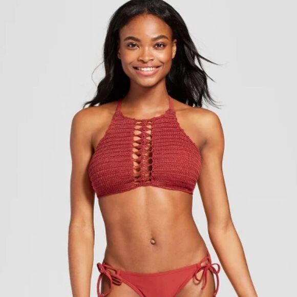 Xhilaration XL D/DD Crochet High Neck Bikini Swim Suit Set in Paprika Red - Picture 1 of 16